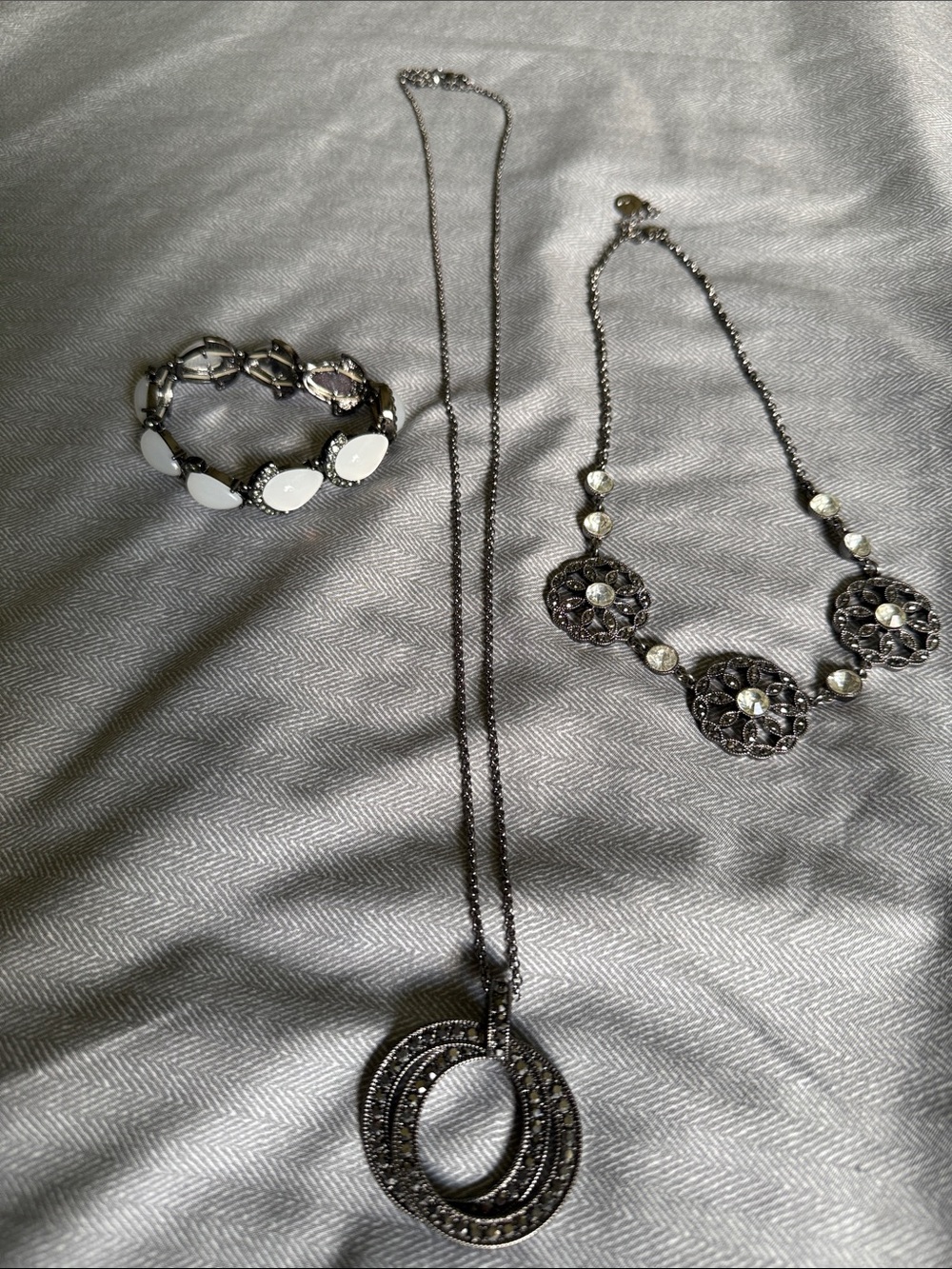 2 Necklaces and 1 Bracelet: Silver-Tone White Accent Necklace